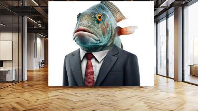 Portrait of a fish dressed in a formal business suit on white background, transparent png, generative ai Wall mural