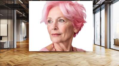 Portrait of a senior woman with pastel pink color short hair isolated on transparent background, PNG. Generative AI Wall mural