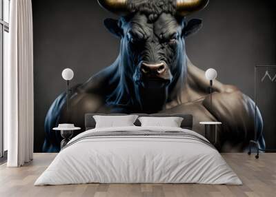 Portrait of a strong male bull in a gym. Bodybuilding concept, generative ai Wall mural