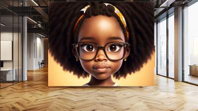 Portrait of a student girl with glasses. Cartoon kid afro hair black eyes close up. AI generative Wall mural