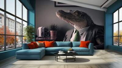 Portrait of crocodile in a business suit, at the office, generative ai Wall mural