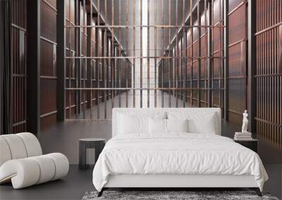 Prison interior. Jail cells, corridor and security metal bars. 3d illustration Wall mural