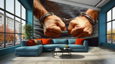 Prisoner hands in handcuffs. Crime arrest and jail concept Wall mural