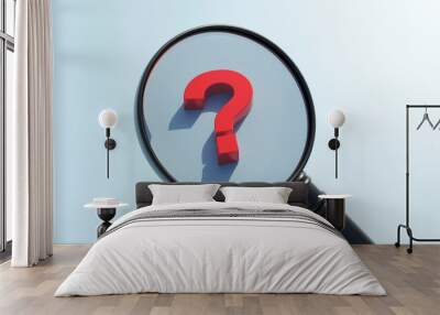 Question marks red under a magnifying glass, blue color background. Search concept. 3d Wall mural