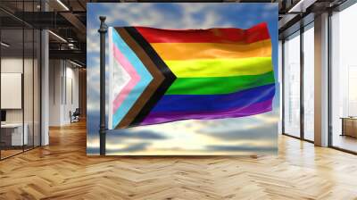 Rainbow colors, new LGBT progress flag, Gay pride sign redesign waving on blue sky background, 3d illustration Wall mural