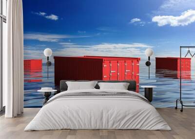 Red cargo containers lost in the sea ocean. 3d illustration Wall mural