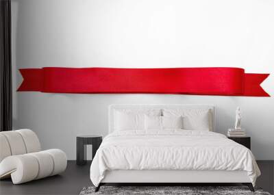 Red satin riibbon banner isolated on white, overhead. Christmas decoration, Valentine day . Wall mural