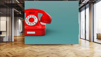 Red vintage telephone isolated on green blue background, copy space, banner. 3d illustration Wall mural