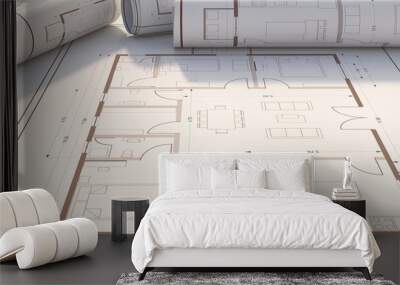 Residential building blueprint plans, banner. 3d illustration Wall mural