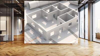 Residential building blueprint plans and house model. 3d illustration Wall mural