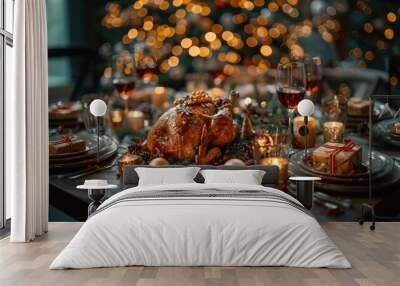 Roasted turkey, Christmas and thanksgiving holiday celrbration dinner, festive table setting  Wall mural