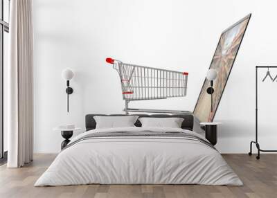 shopping cart on a computer laptop, isolated on white background. 3d illustration Wall mural