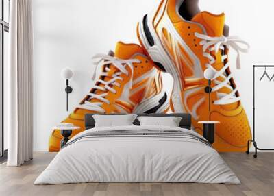 Sport shoes, orange color pair of running sneakers isolated on transparent background, PNG, Generative AI Wall mural