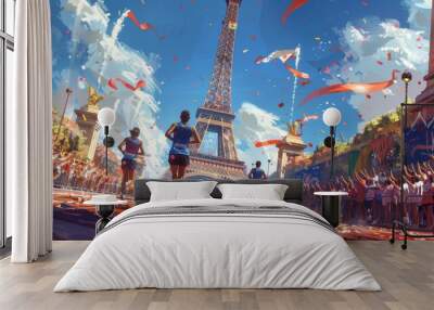 Sports games 2024 in Paris France. Athletes running, sports event, Eiffel tower background Wall mural