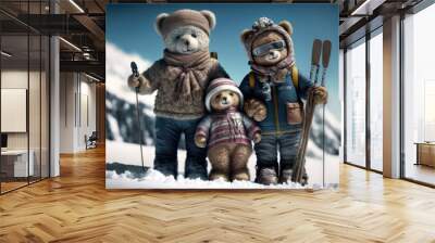 Teddy bear family in Winter snowy background, mom dad and kid with skiing equipment, Generative AI Wall mural