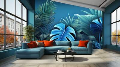 Tropical plants banner on blue background. Jungle tropic plant leaf and flower variety, underwater flora Wall mural