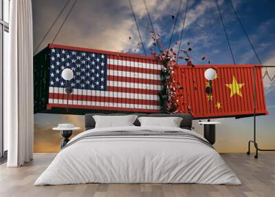 USA and China trade war. US of America and Chinese flags crashed containers on sky at sunset background. 3d illustration Wall mural