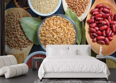 Variety of dry uncooked legumes on wooden spoons, banner Wall mural