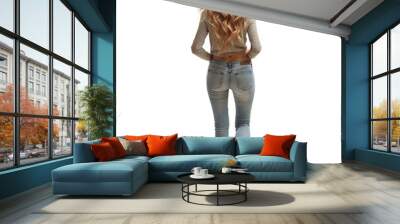 woman casual dressed walking isolated on white transparent, young woman wearing jeans rear view. PNG Wall mural