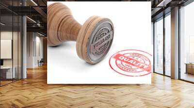 Wooden round rubber stamper and stamp with text quality isolated on white background. 3d illustration Wall mural