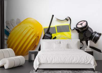 Work wear safety protection equipment isolated white background, personal protective gear, top view Wall mural