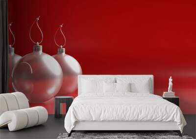 Xmas balls glass against red color curved background, banner. 3d illustration Wall mural