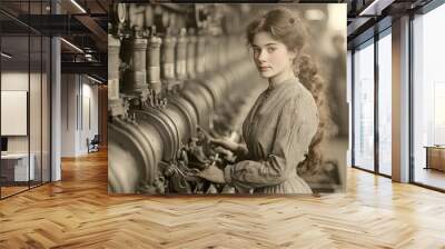 Young woman industrial worker work in a heavy industry, retro factory machine equipment and production Wall mural