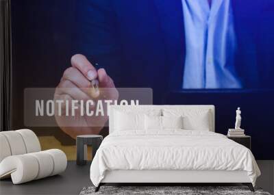 Businessman pressing button notification on virtual screens, business, technology, internet and networking concept. Wall mural