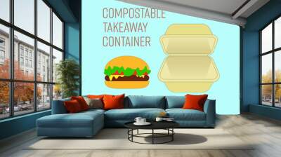 Hamburger and compostable cornstarch food container with text representing sustainable packaging. Vector illustration. Wall mural