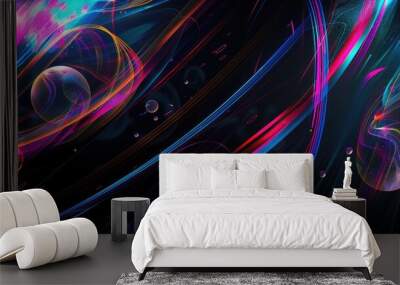  An abstract composition of luminous, flowing lines creates an illusion of digital waves across a dark backdrop, punctuated by translucent orbs floating gently above Wall mural