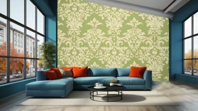 1960s vintage wallpaper green damask pattern art backgrounds. Wall mural