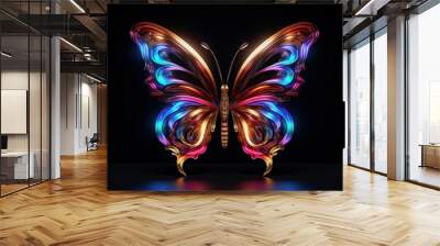 3D render of neon butterfly icon pattern light illuminated. Wall mural