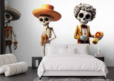 3D sombrero skeleton character png cut out element set Wall mural