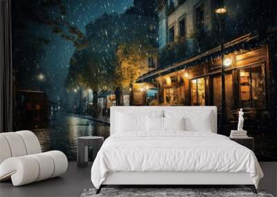 A rain storm night illuminated outdoors street. Wall mural