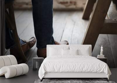 Adult Man Legs Feet by the Wooden Floor Wall mural