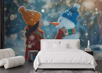 Asia girl with snowman winter outdoors nature. Wall mural