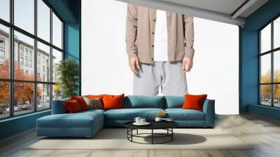 Asian man in brown cardigan and shorts comfortable loungewear full body Wall mural