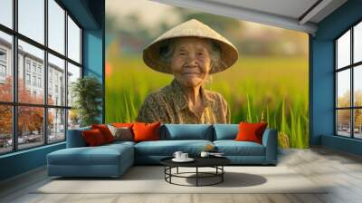 Asian old woman farmer field outdoors smiling. Wall mural