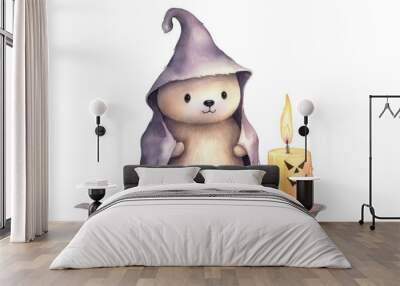 Bear holding halloween candle cartoon on white background Wall mural