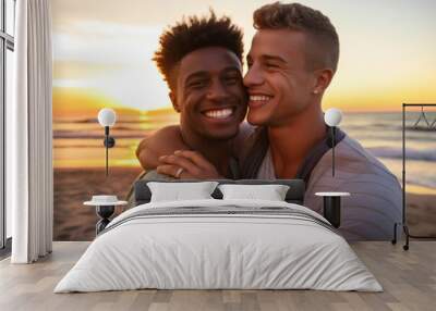 Black South African gay couple hugging smile beach laughing Wall mural