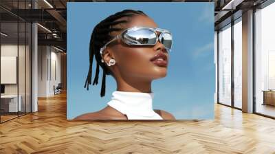 Black young woman smiling wearing a white sunglasses exposing her eyes portrait fashion adult. Wall mural