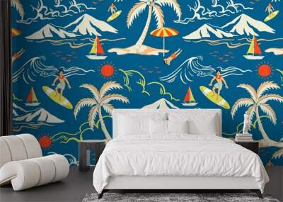 Blue tropical island pattern vector with tourist cartoon illustration Wall mural