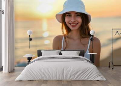 Bucket hat mockup happy smile woman. Wall mural