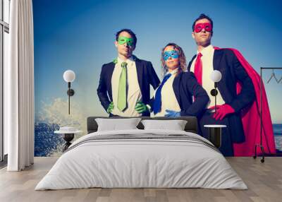 Business superheroes facing storm Wall mural