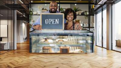 Cake cafe owners with open sign Wall mural