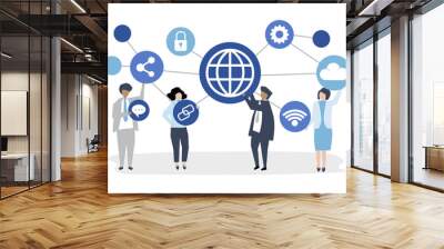 Character illustration of business people with connection icons Wall mural