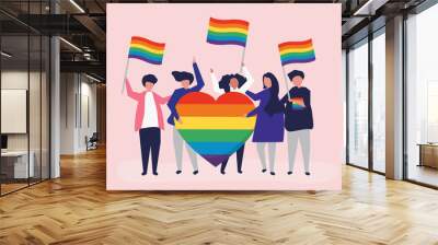 character illustration of people holding lgbt support icons Wall mural