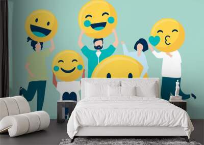 Characters of people holding positive emoticons illustration Wall mural