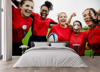 Cheerful rugby players celebrating their victory Wall mural