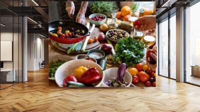 Chef cooking in a kitchen food photography recipe idea Wall mural